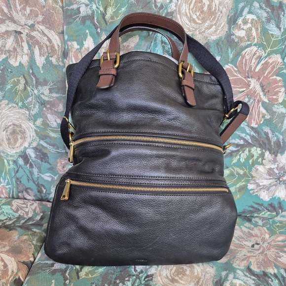 Black Leather Tote with Brown Strap